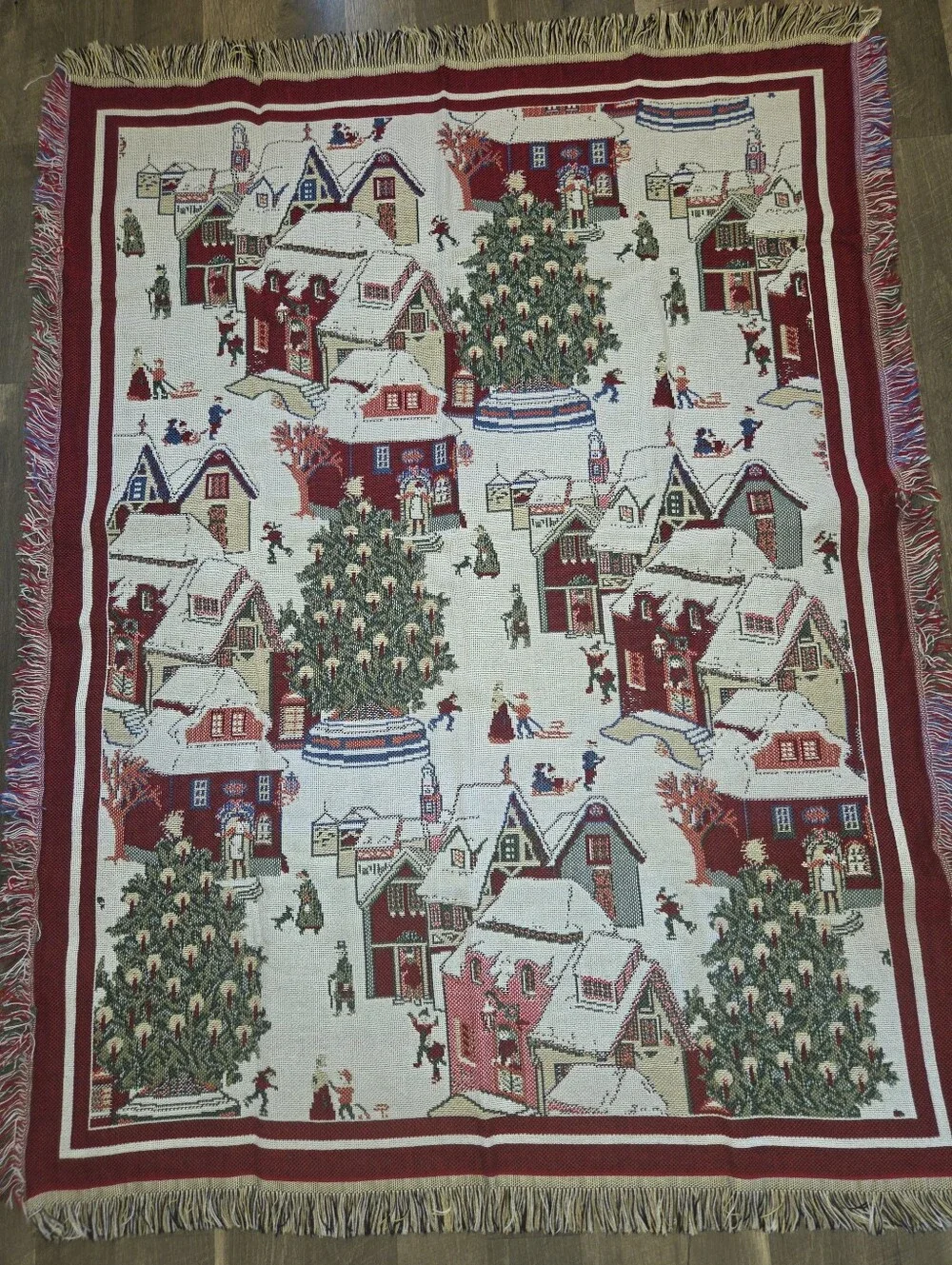 Vintage Christmas Village Woven Tapestry Throw Blanket Afghan Fringe 60x43